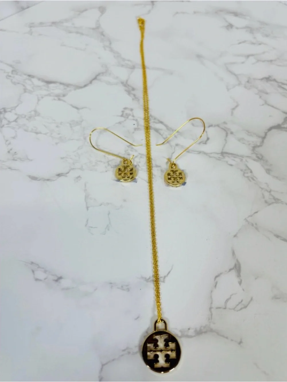 TORY BURCH Gold Logo Pendant, Necklace & Fishhook Earrings Jewelry Set